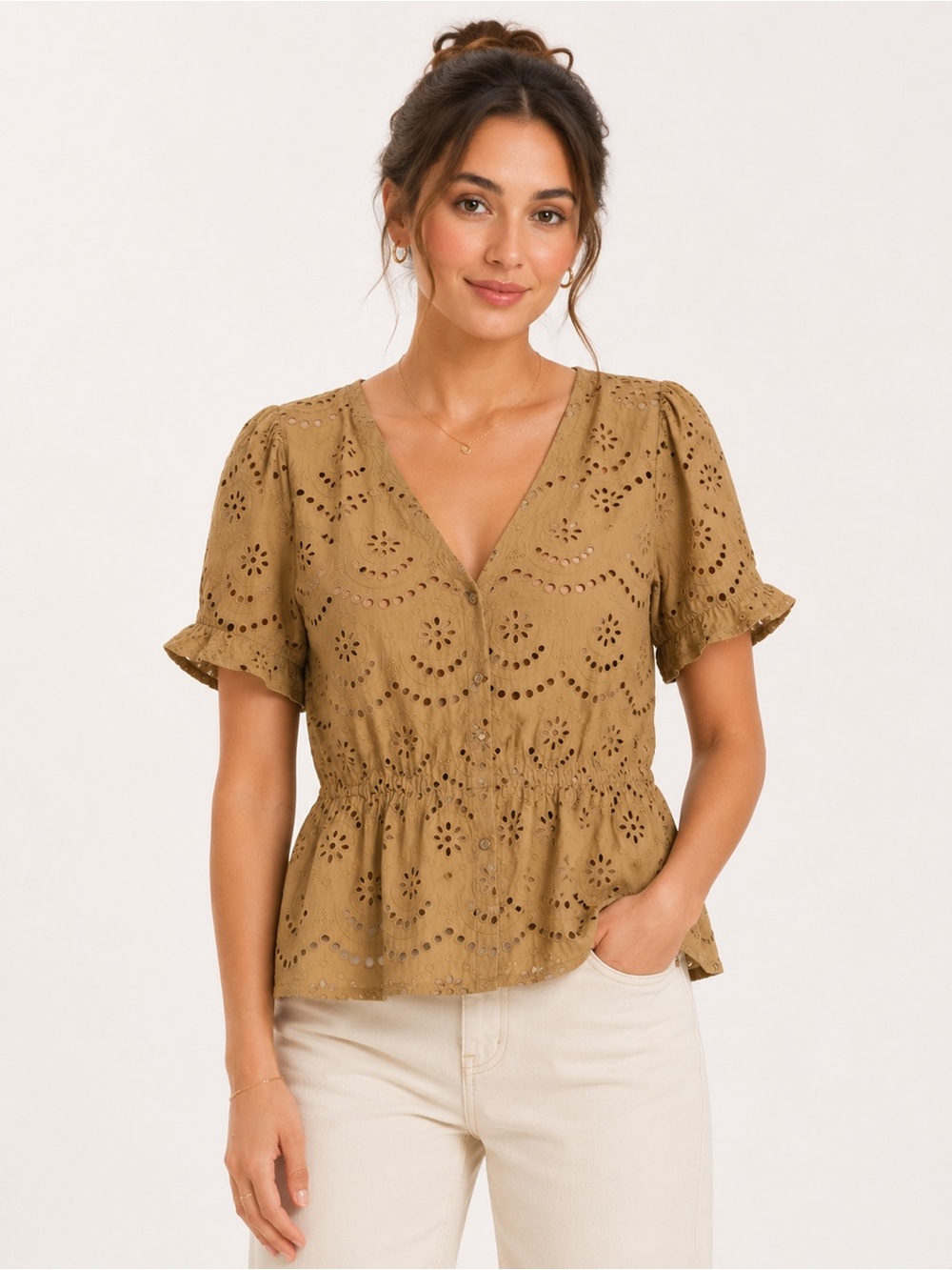 Eyelet Ruffle Sleeve Blouse in Olive Tan
